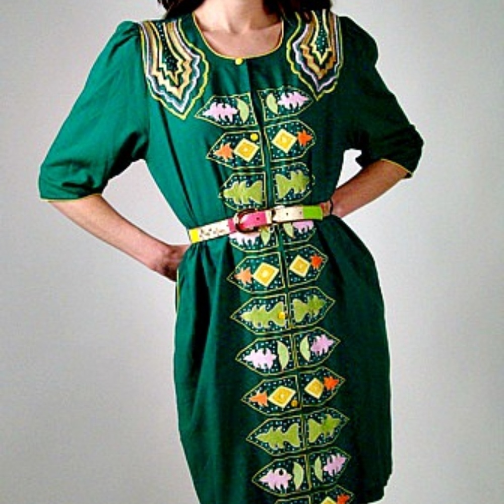Vintage 80s Boho Green Embroidered Dress Size Large Cotton Blend Style - Picture 1 of 5